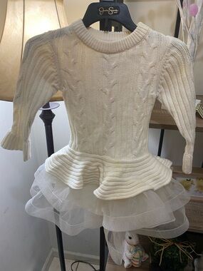 Bonnie Jean Cream Cable Knit Peplum Sweater with Tulle